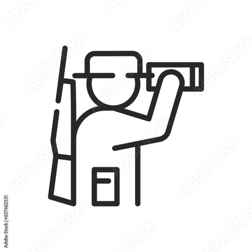Hunter with Binoculars Icon. Vector Linear Illustration of Wildlife Observation and Hunting Tracking Adventure. 