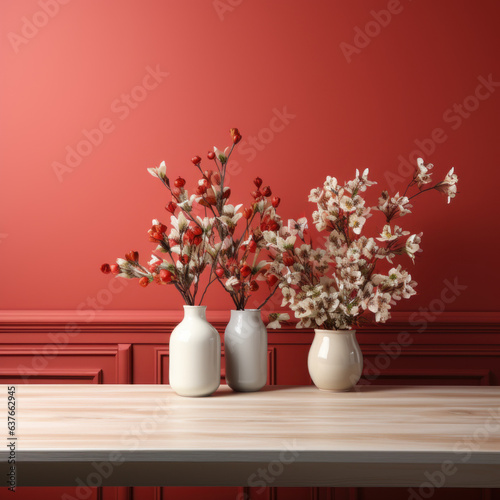  dining table with red color wall background room   © Sekai
