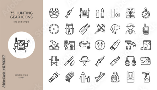 Hunting Gear Icons Set. Vector signs collection of popular hunting equipment like rifle, firearm, weapon, hunt, animal, bullets, scopes, guns, camouflage clothes, camo outfit, knife, camping gear,
