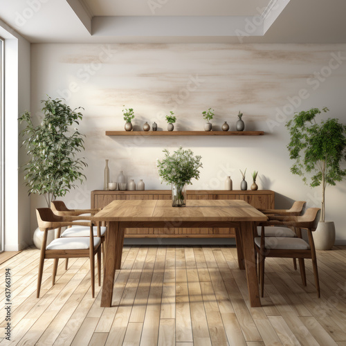 A elegant dining room background with wooden table  © Sekai
