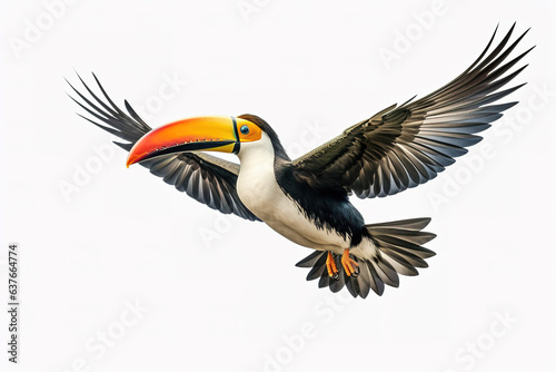 Image of a toucan with spread wings in flight on a white background. Wildlife. Bird. Illustration, Generative AI. photo