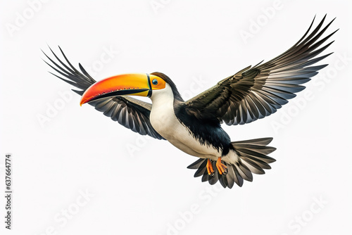 Image of a toucan with spread wings in flight on a white background. Wildlife. Bird. Illustration, Generative AI.