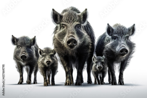 Image of family group of boar on white background. Wildlife Animals. Illustration, Generative AI.