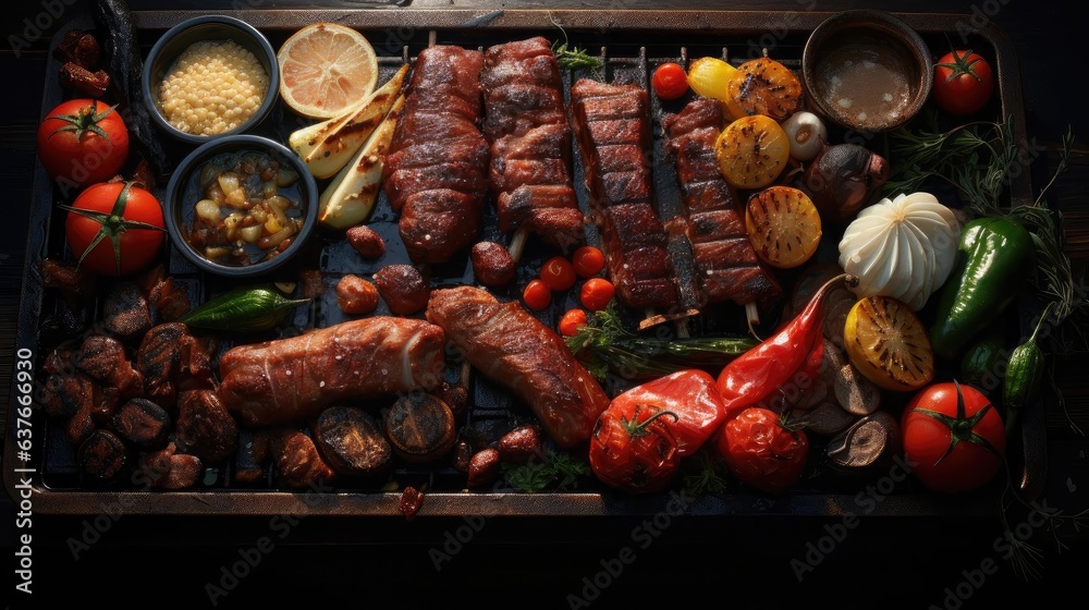 Close-up of grilled barbeque with melted barbeque sauce and cut vegetables, blur background