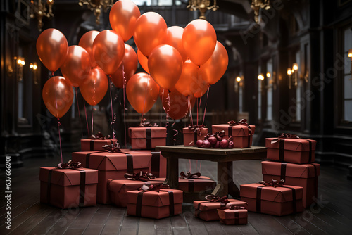 birthday party balloons, colourful balloons background and birthday cake with candles