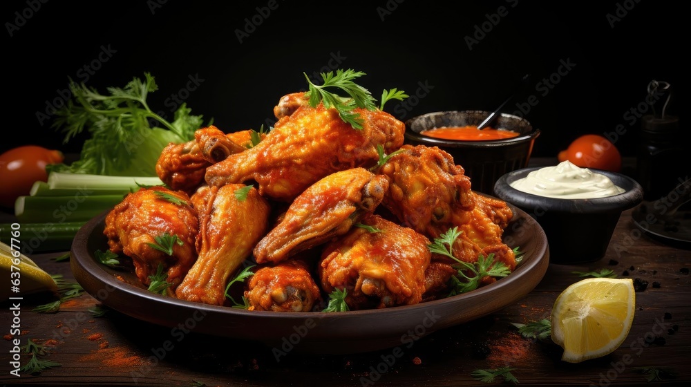 Close-up of Buffalo wings with melted hot sauce on a wooden table with a blurred background Close-up of Buffalo wings with melted hot sauce on a wooden table with a blurred background