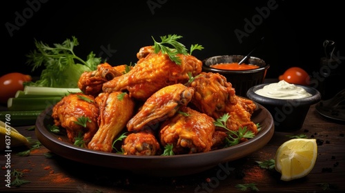 Close-up of Buffalo wings with melted hot sauce on a wooden table with a blurred background