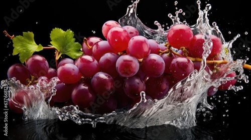 Close-up of flying fresh grapes exposed to splashing water on black background and blur