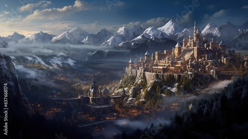 Fantasy landscape with old castle and mountains. 3D illustration. © andri
