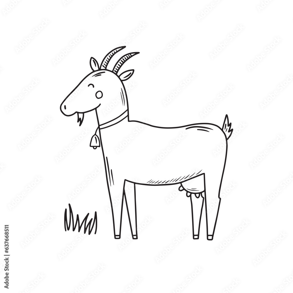 Hand drawn farm animal goat. Doodle sketch style. Drawing line simple goat icon. Isolated vector illustration.