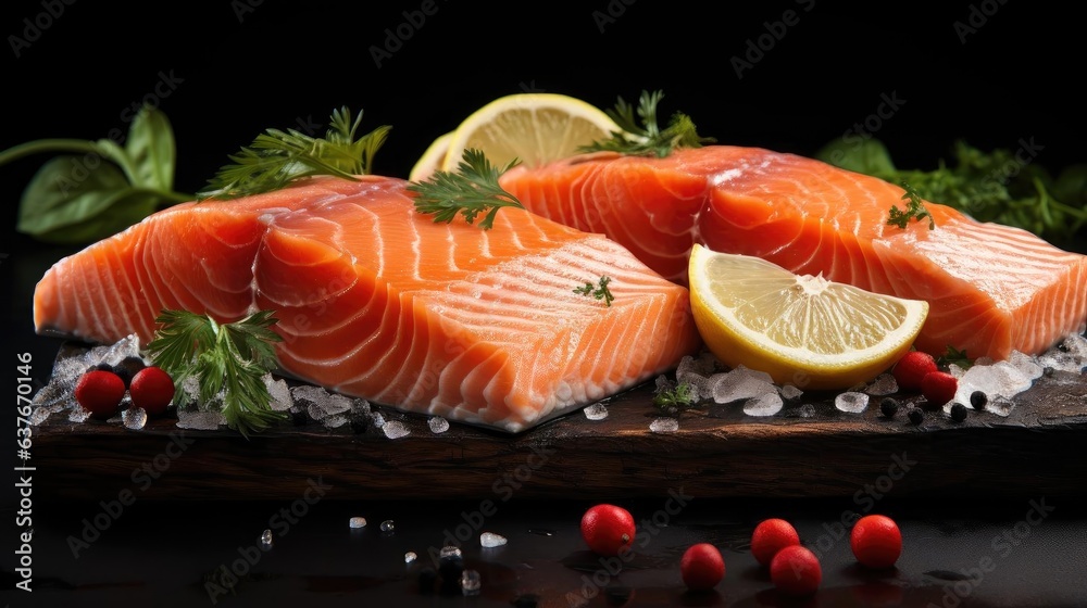 Close-up of Fresh salmon with lemon slices on wooden table, black and blur background Close-up of Fresh salmon with lemon slices on wooden table, black and blur background