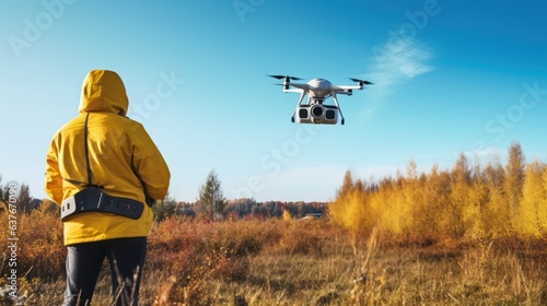 Farmer using drone to monitor crop health in field of organic produce.  photo