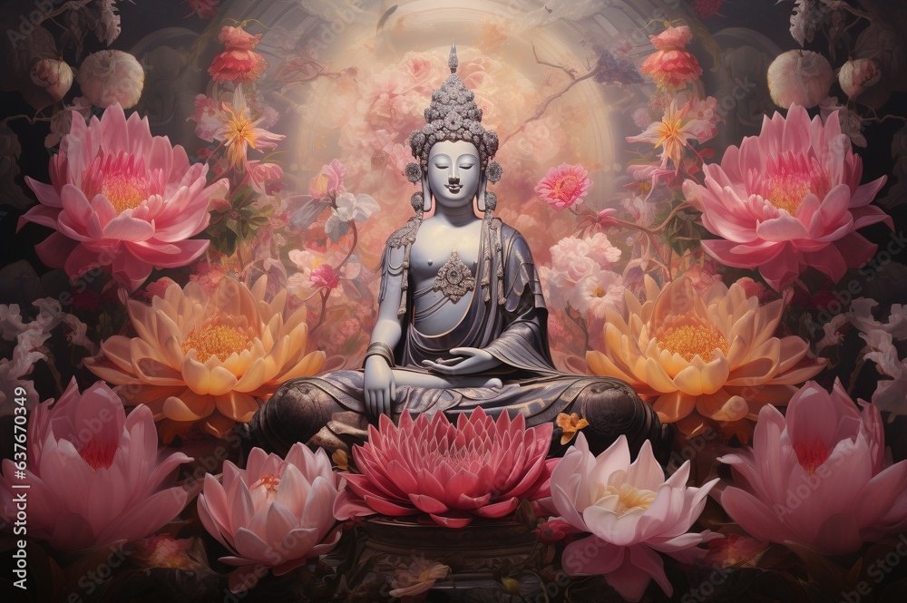 Estátua de Buda sonriente y meditando con adornos florales