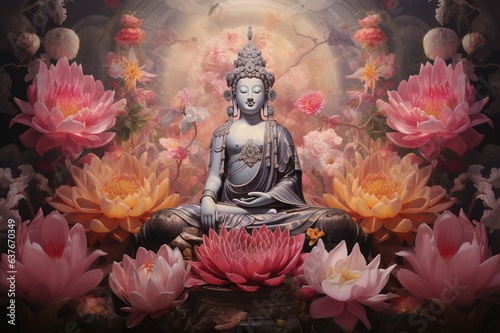 Estátua de Buda sonriente y meditando con adornos florales