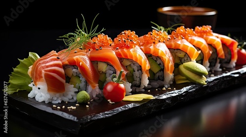 Close-up of fresh sushi full of meat and vegetables on wooden table with black and blur background