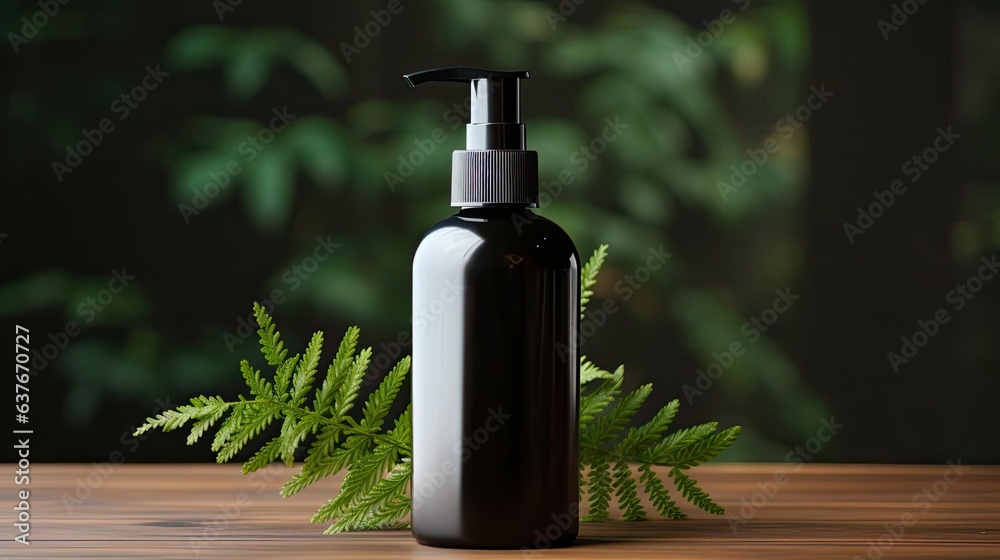 Close-up of hand sanitizer bottle for mockup on wooden table with leaf ornament and blur background Close-up of hand sanitizer bottle for mockup on wooden table with leaf ornament and blur background