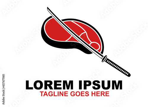 Steak Barbecue slashed by katana Logo. Japanese Butchery Shop Symbol  icon vector Illustration
