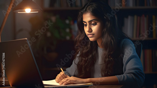 A young indian student or remote teacher using computer remote studying, virtual training, watching online education webinar at home office. Generative Ai