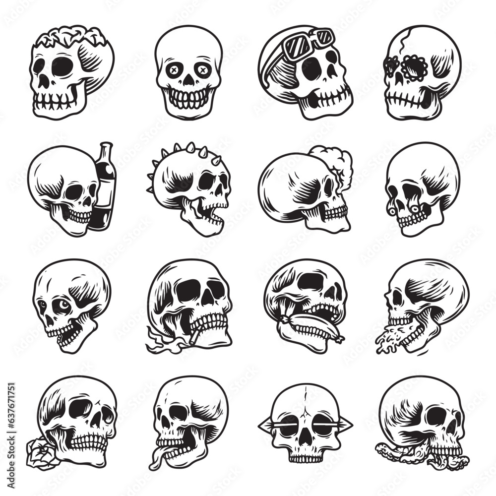  Skull hand drawn vector set 