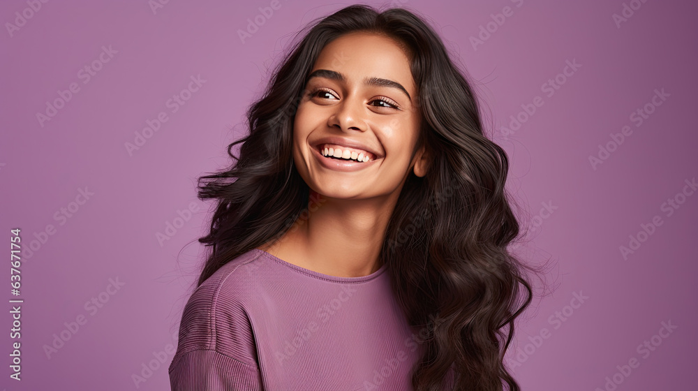 Smiling indian young woman on lilac background. Generative Ai