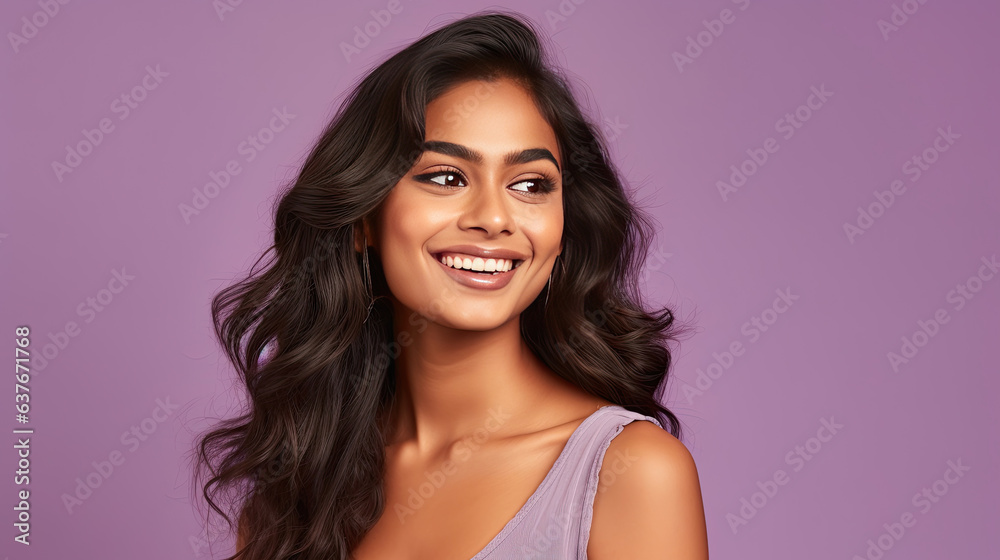 Smiling indian young woman on lilac background. Generative Ai Smiling indian young woman on lilac background. Generative Ai