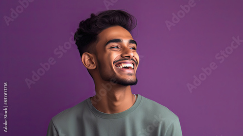 Smiling indian young man on lilac background. Generative Ai