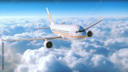 Commercial airplane flying above the clouds in the blue sky. 3d illustration