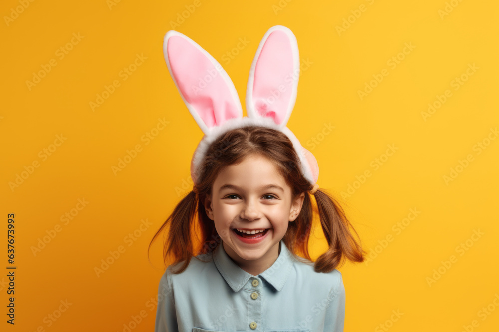 Young girl on yellow background with Easter accessory and eggs in her hands