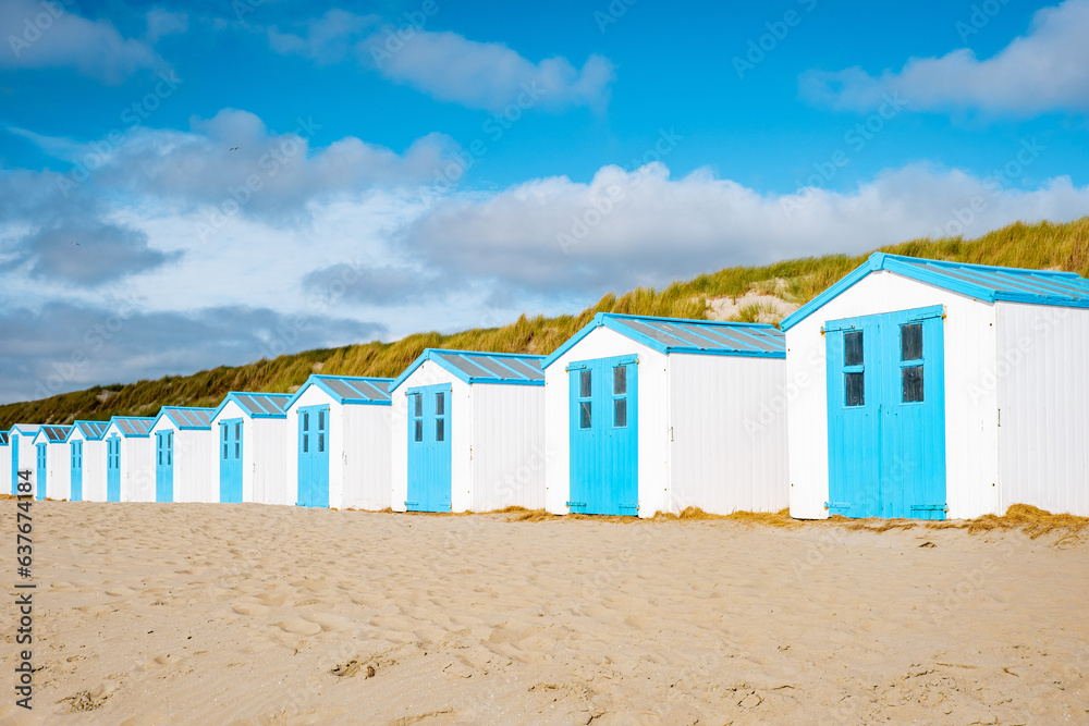 white blue house on the beach Texel Netherlands, a beach hut on the Dutch Island of Texel