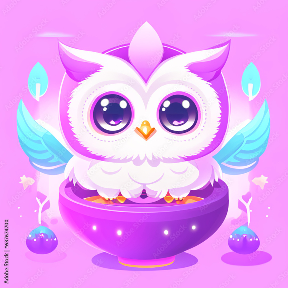 Cute cartoon owl in purple bowl with flowers. Vector illustration.