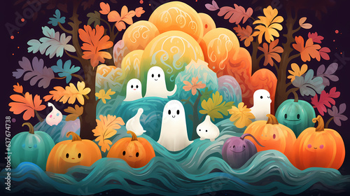 Halloween background with pumpkins and friendly ghosts,Halloween background with Evil Pumpkin. Spooky scary dark Night forrest. Holiday event halloween banner background concept