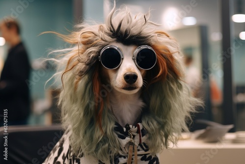 Generative AI : Dog at the hairdressers with long curly hair wig , in beauty salon photo