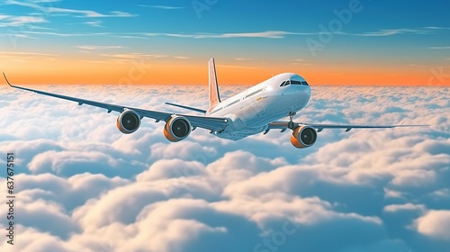 Passenger airplane flying above the clouds. 3d render illustration.