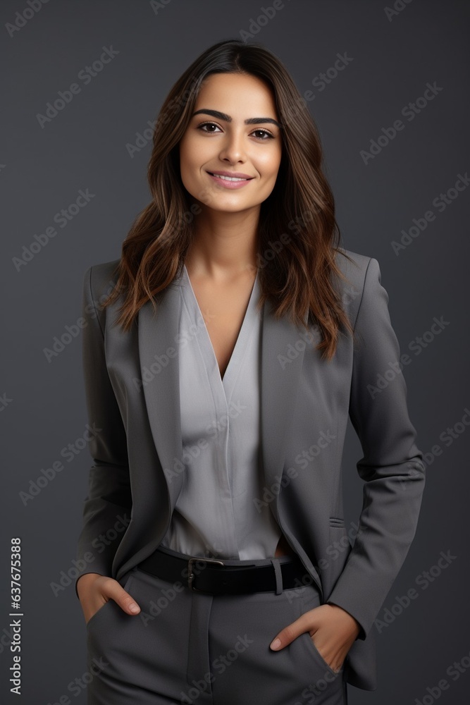 Generative AI : Young smiling professional business woman office worker holding digital tablet Generative AI : Young smiling professional business woman office worker holding digital tablet