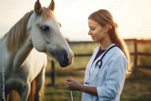 Generative AI : Veterinarian doctor listens with stethoscope to horse on farm