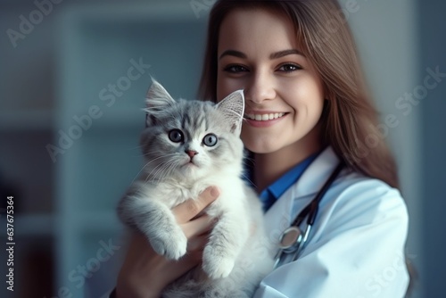 Generative AI : Female veterinarian with cute cat in clinic.Female veterinarian doctor is holding a cat on her hands