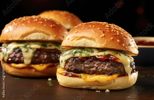 Delicious cheeseburgers on a dark background. The burgers are on sesame seed buns and have a beef patty, melted cheese, and a creamy sauce © Florian