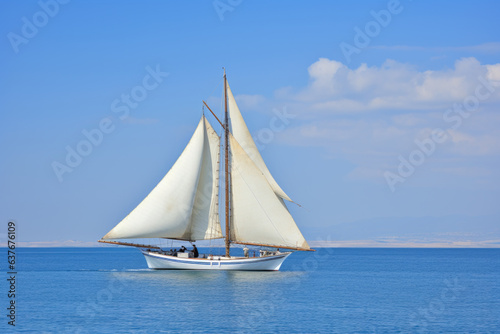 A sailboat on a calm blue sea, two white sails, blue sky