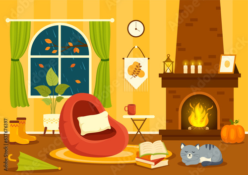 Autumn Cozy Home Decor Vector Illustration with Living Room Interior Furniture Background Elements in Flat Cartoon Hand Drawn Templates