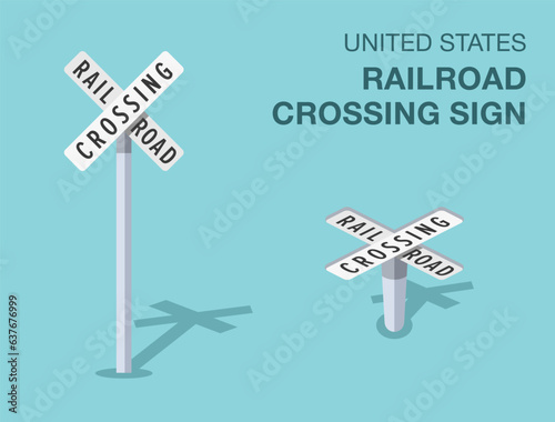 Traffic regulation rules. Isolated United States railroad crossing sign. Front and top view. Flat vector illustration template.