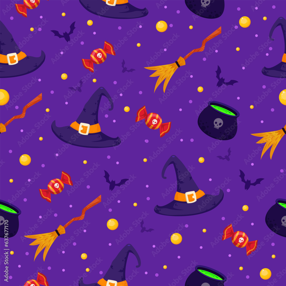 Fototapeta premium Halloween seamless pattern. Vector background with witch hat broom candy bat. wallpaper illustration. Scary holiday horror.halloween pattern print
