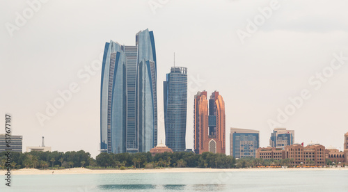 View from the window of a tourist bus on the architecture of the city of Abu Dhabi  United Arab Emirates