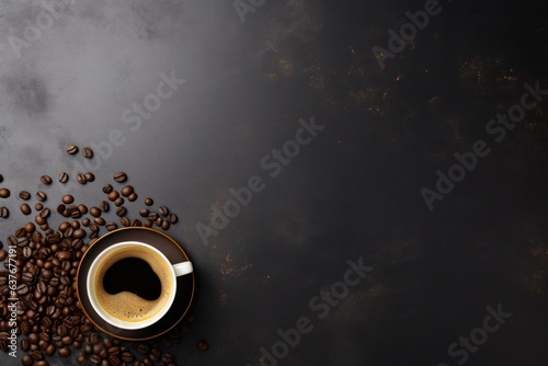 Background for designer for International Coffee Day. coffee cup with saucer, on marble table with coffee beans. top view.