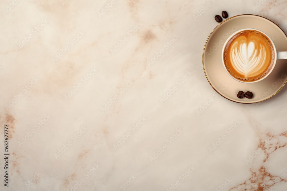 International Coffee Day. stylish cup with saucer, on a marble table with coffee beans. Background for designer. top view.