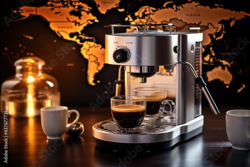 International Coffee Day. espresso machine on the background of the world map.