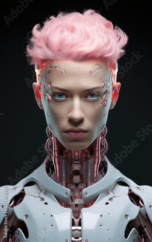 Android robot face portrait on gray background, and pink hair. Artificial intelligence concept. Futuristic female androgynous robot head with technology neural system. Generative AI head-shot.