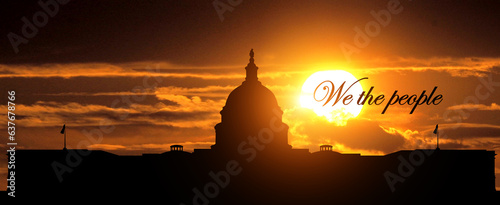 American Constitution day. National holiday of america. Capitol building silhouette on sunset background. 3d illustration