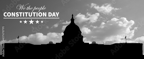 American Constitution day. National holiday of america. Capitol building silhouette on sunset background. 3d illustration