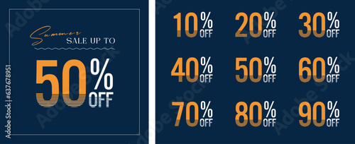Big sale special up to 50% off. Super Sale, end of season special offer banner. Discount tags collection with percent set, 10, 20, 30, 40, 50%, 60%, 70, 80%, 90 percent sale promotion tag.