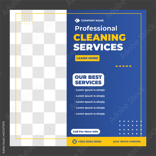 Cleaning service social media post banner template, Cleaning service marketing post banner design. Corporate office and house cleaning service business promotion social media post template